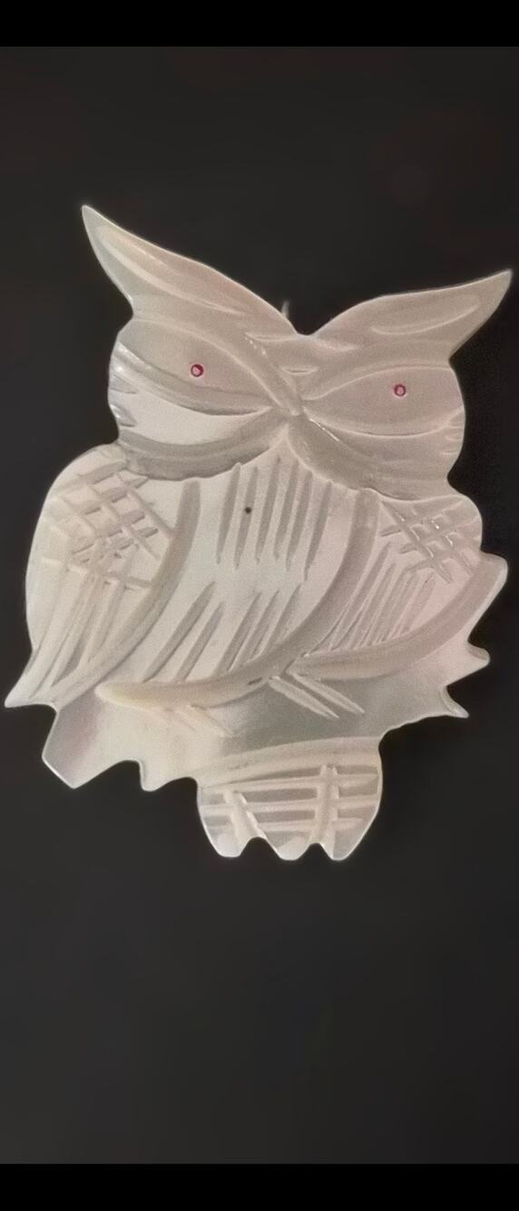 Vintage Mid Century Carved Mother of Pearl Owl Rhinestone Eye Brooch Pin